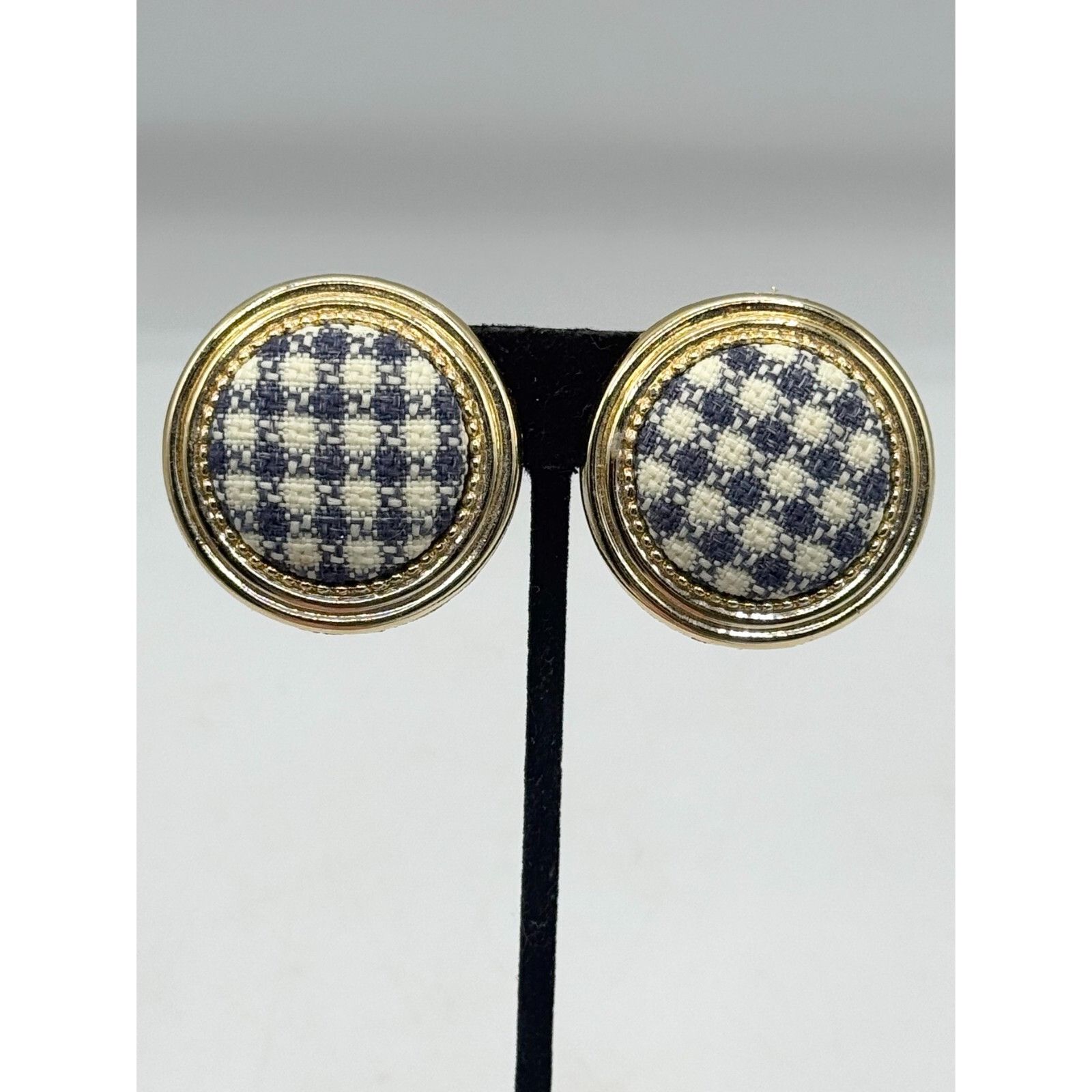 Vintage Vintage blue & white tweed circle clip on earrings Size ONE SIZE - 3 Thumbnail