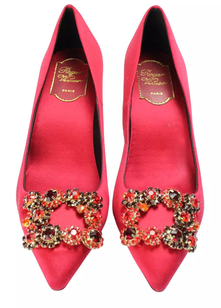 Roger Vivier ROGER VIVIER Women's EU 38 Crystal Flower Red Satin Heels Size US 8 / IT 38 - 5 Thumbnail