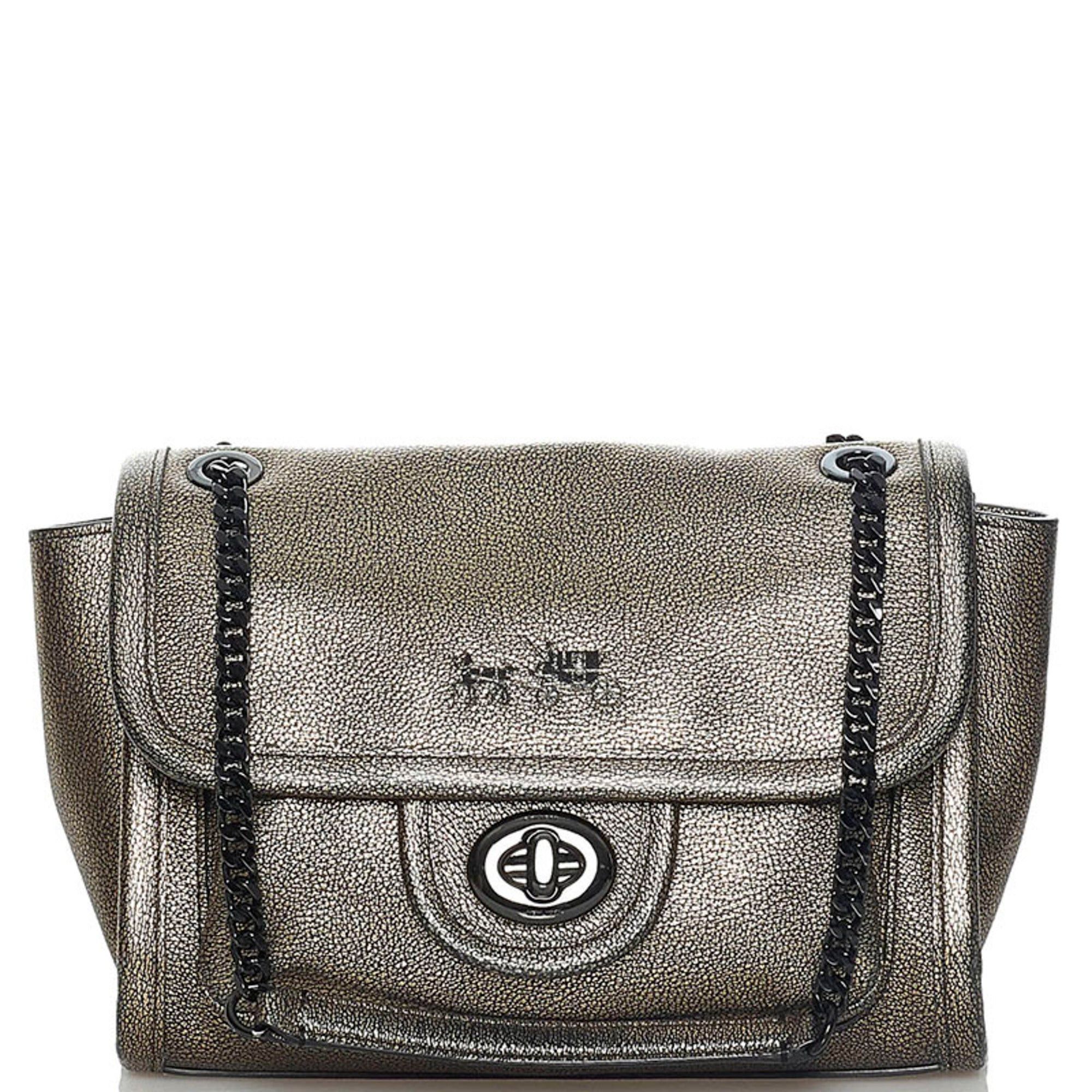 image of Coach Chain Shoulder Bag Metallic Gold Leather Ladies in Black, Women's