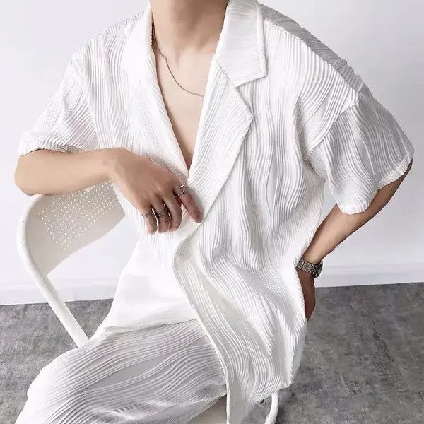 VIBE Korean fashion white wave pleats short sleeve shirt jacket Size US XL / EU 56 / 4 - 3 Thumbnail