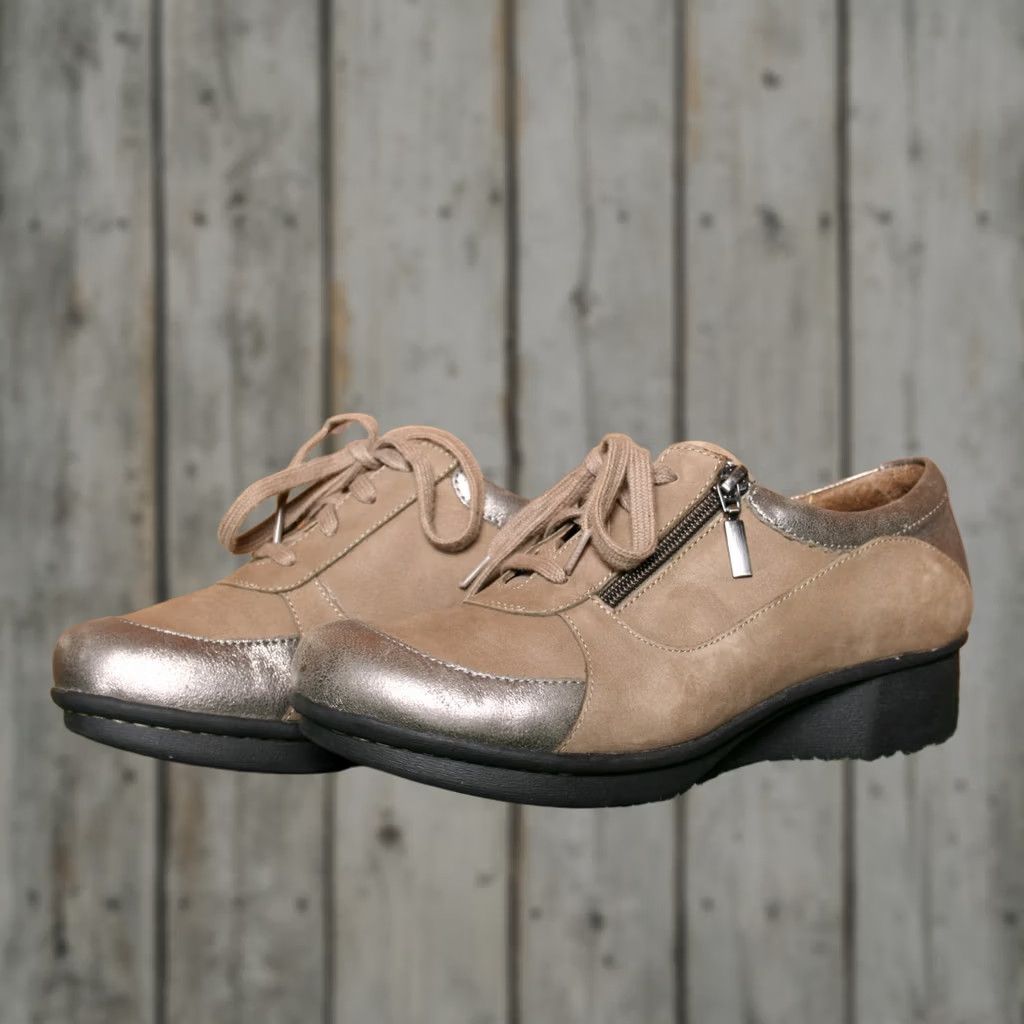 Dansko DANSKO Loretta Taupe Nubuck Lace Up Zip Sneakers Women 8.5 EU 39 Casual Nubuck Upper Wedge Leather?: Sneakers Size US 9 / IT 39 - 1 Thumbnail