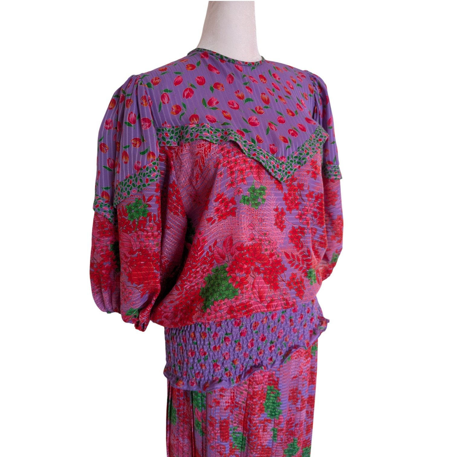 Other Vintage Assorti Susan Freis Pink Purple Floral Blouse Skirt Size XS / US 0-2 / IT 36-38 - 2 Thumbnail