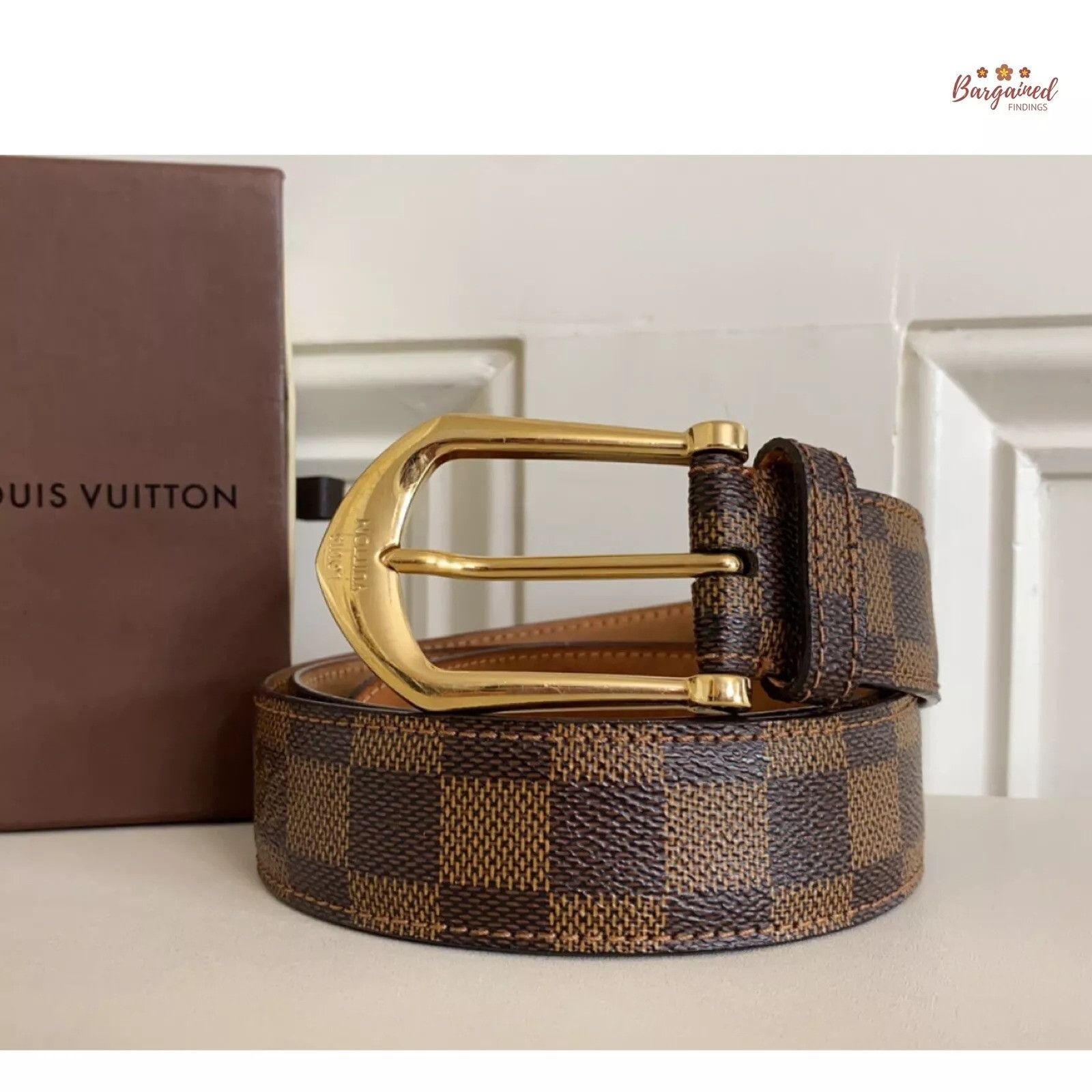 Louis Vuitton Brown Damier Ebene Riveted Gold Buckle Belt