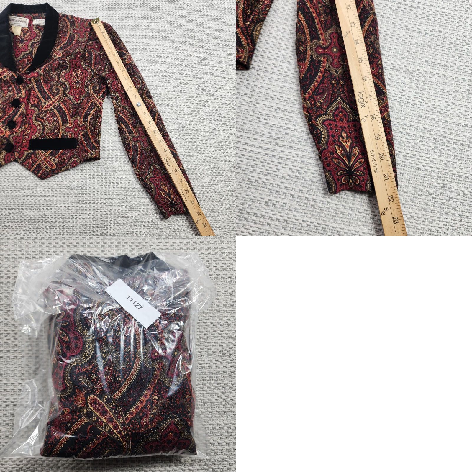 Velvet VINTAGE Karin Stevens Blazer Womens 4P Petite Red Black Paisley Velvet Trim 90s Size S / US 4 / IT 40 - 9 Thumbnail