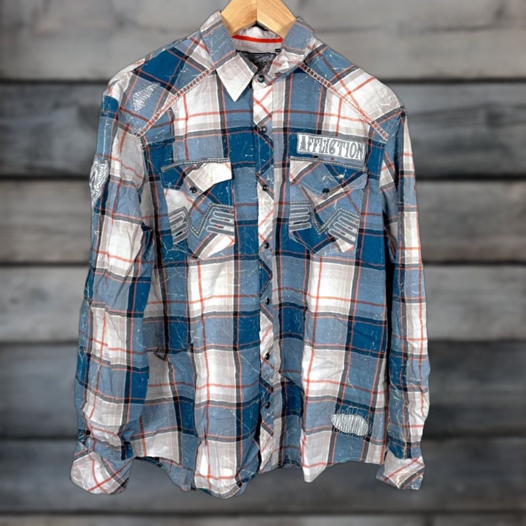 Affliction Affliction Shirt Western Plaid Long Sleeve Button-Up XL Men Blue Cotton Spandex Faux Distressing Embroideries Pearl Snap XLarge Vintage No Size US XL / EU 56 / 4 - 1 Thumbnail