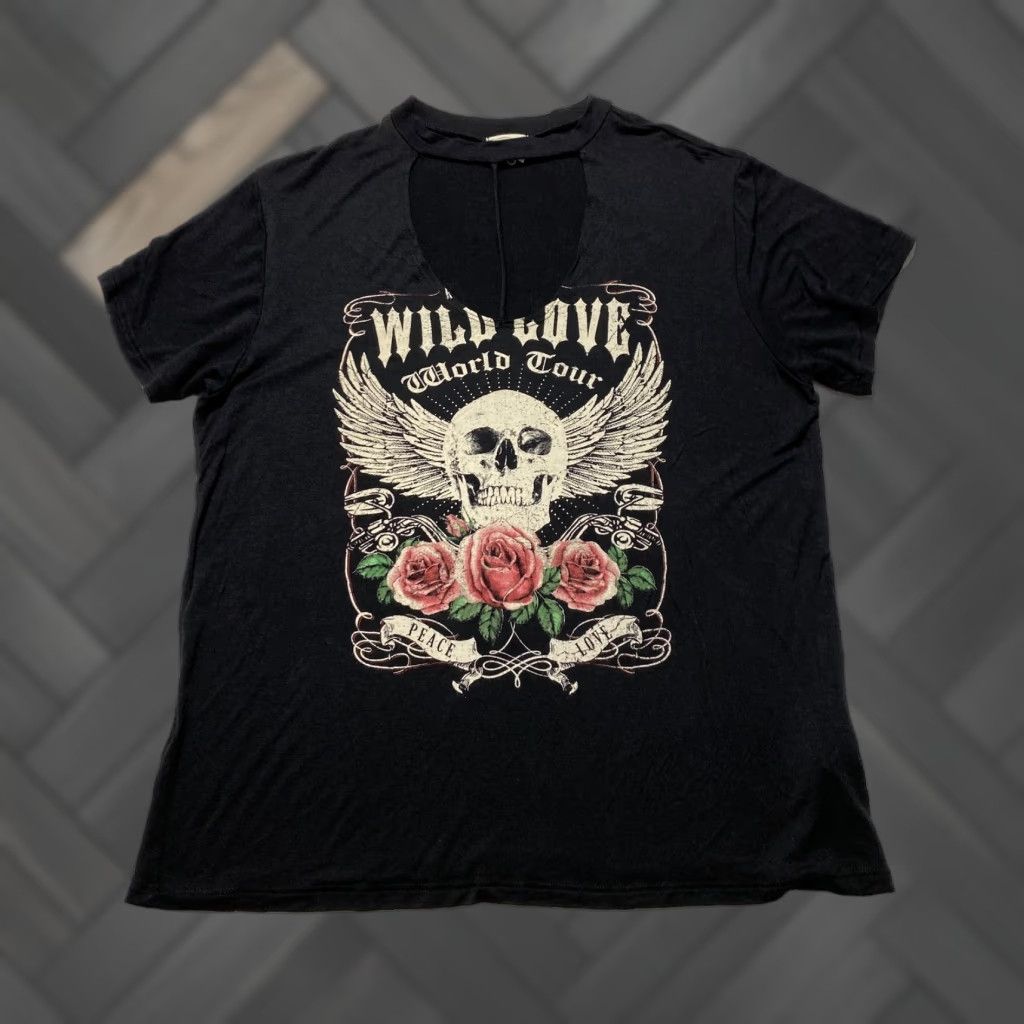 Vintage Dirtee Laundry Shirt Womens XL Black Wild Love Skull Roses Cutout V-Neck Tee Size XL / US 12-14 / IT 48-50 - 1 Thumbnail
