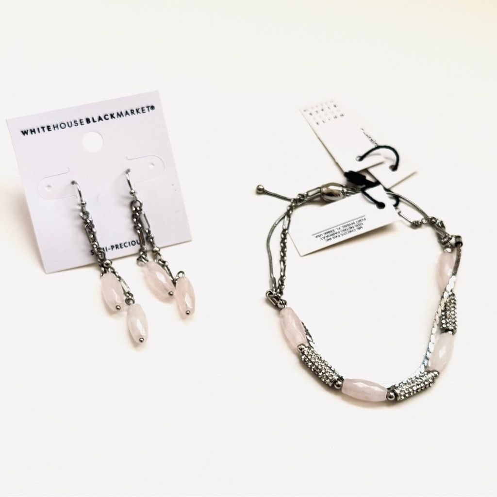 White House Black Market WHBM Rose Quartz Delicate Silver Jewelry Set NWT Size ONE SIZE - 2 Thumbnail