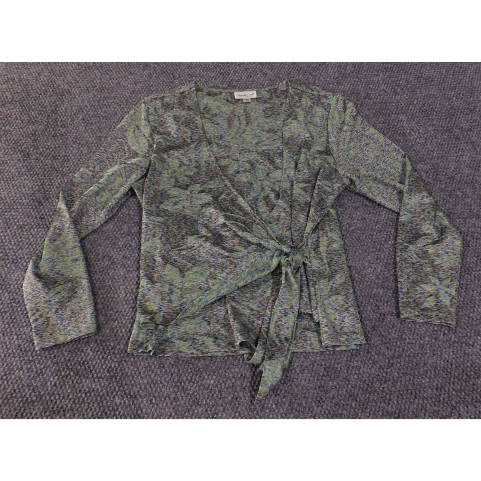 Coldwater Creek Coldwater Creek Blouse Womens Large Green Floral Tie Neck V-Neck Stretch Short? Wait. Size L / US 10 / IT 46 - 3 Thumbnail