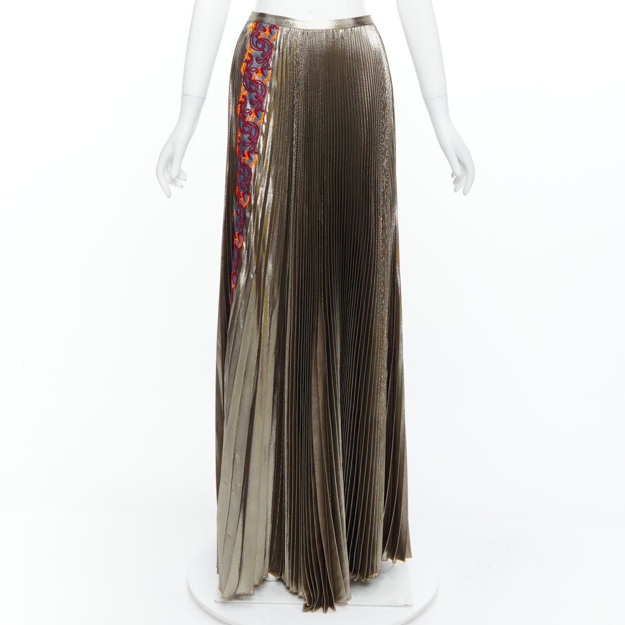 Versace VERSACE 2017 metallic gold silk-lame baroque trim pleated full skirt IT42 M Size 28" / US 6 / IT 42 - 1 Thumbnail
