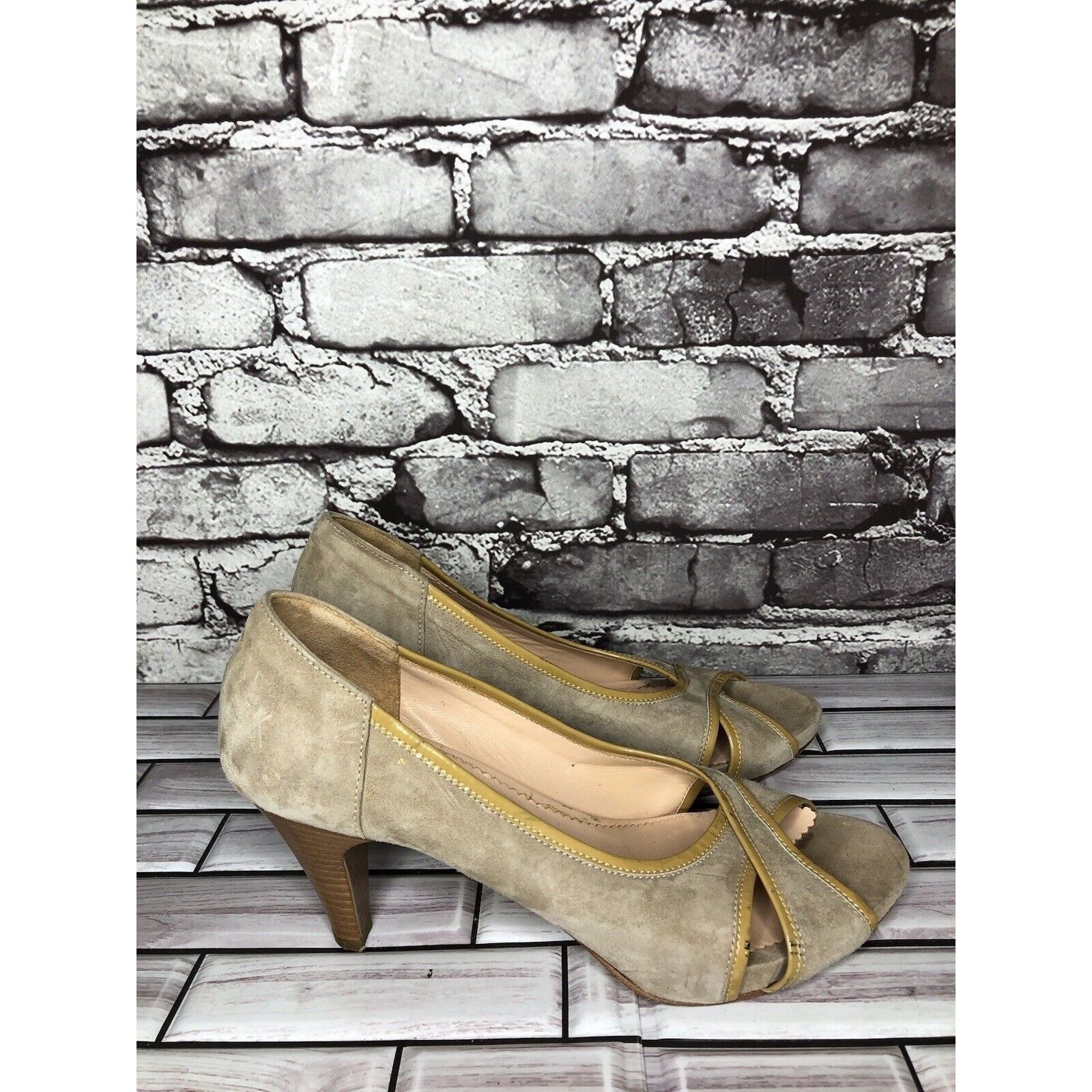 Other Edas Beige Suede Leather Patent Lining Peep Toe Dress Heels Size US 10 / IT 40 - 16 Thumbnail