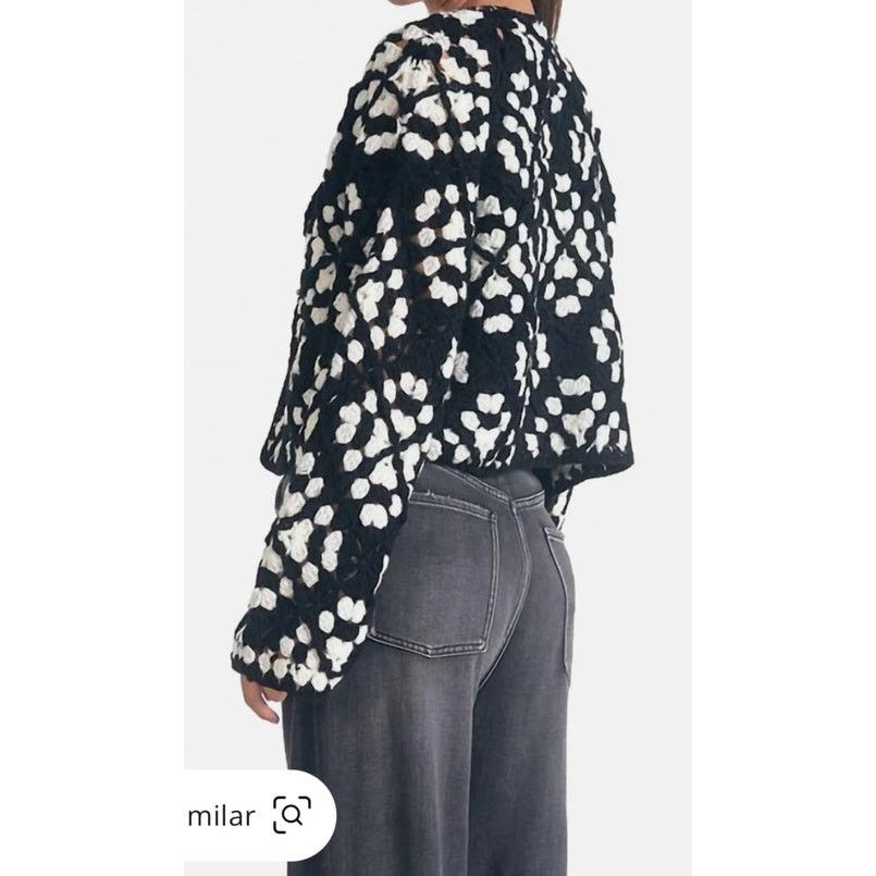 ELAN Elan Kylee Macrame Crochet Cropped Cardigan in Black/White,S Size S / US 4 / IT 40 - 3 Thumbnail