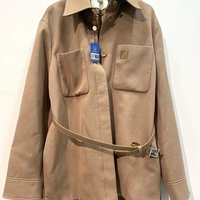 Fendi Fendi Winter Khaki Wool Coat with Double F Embroidery 0089 Size L / US 10 / IT 46 - 1 Thumbnail