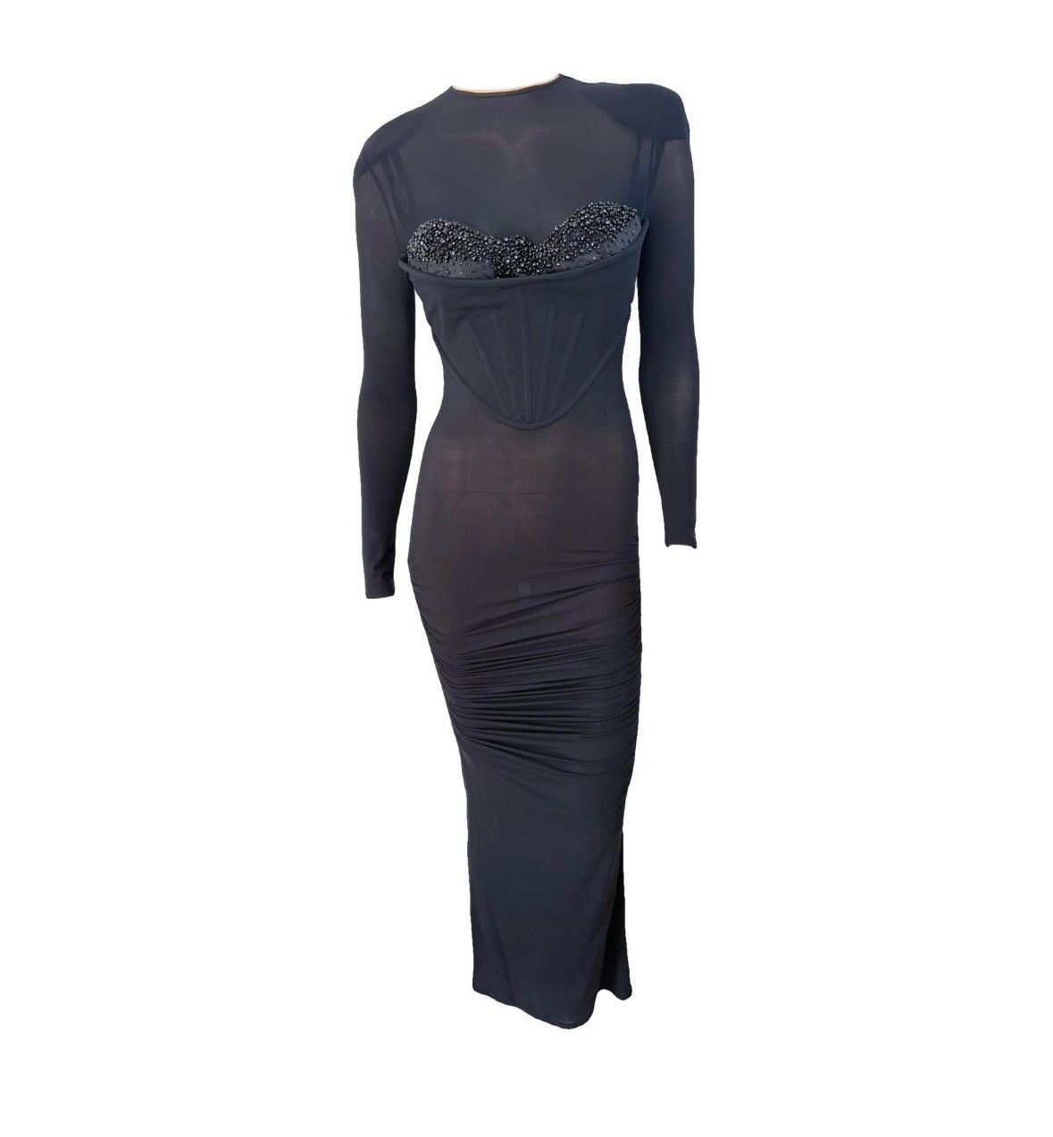 Long Versace dress with rhinestones and a fitted design. - joarbit.com