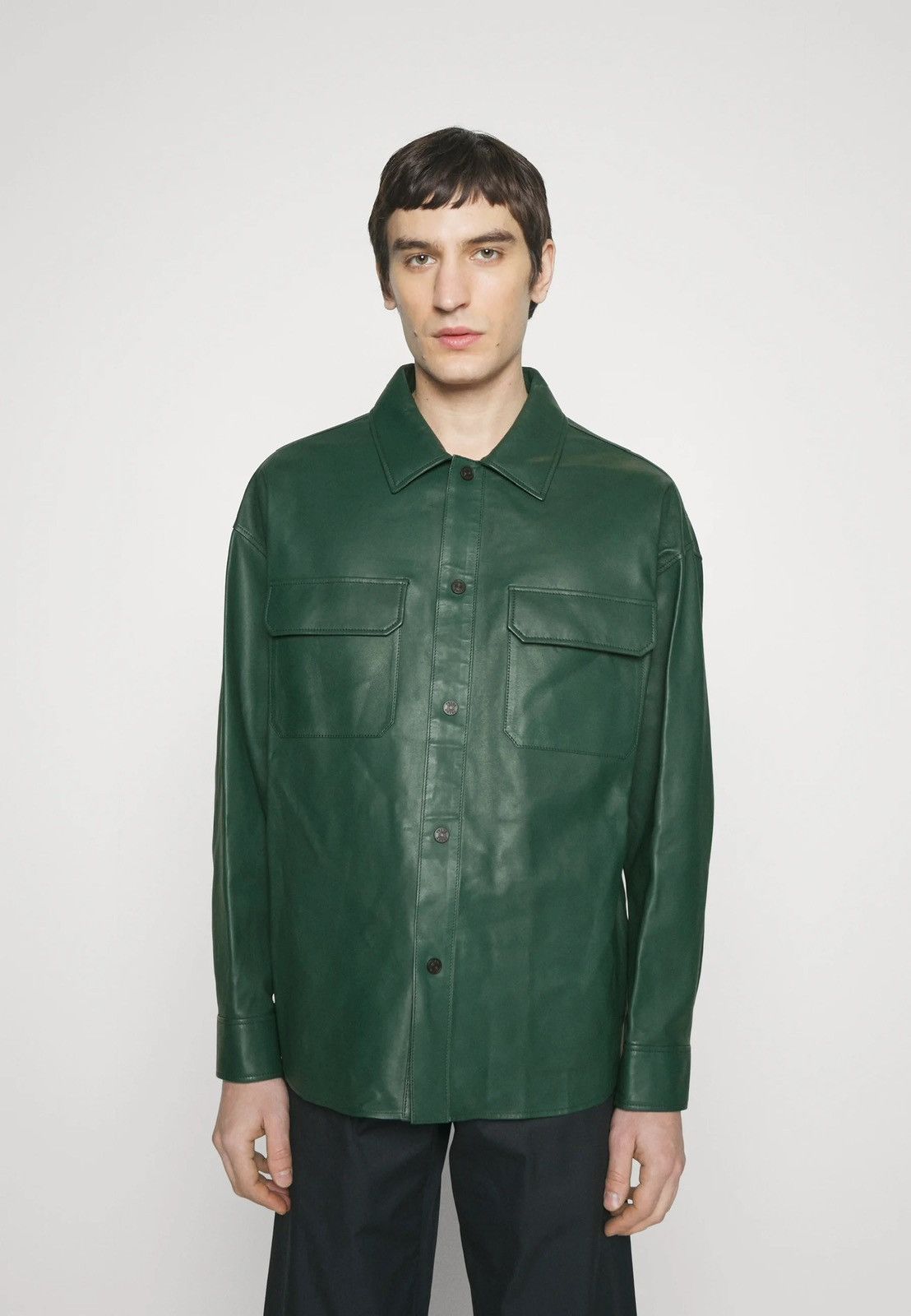 image of Avant Garde x Frame ds! Ss23 Frame Dark Green Leather Shirt Jacket, Men's (Size Medium)