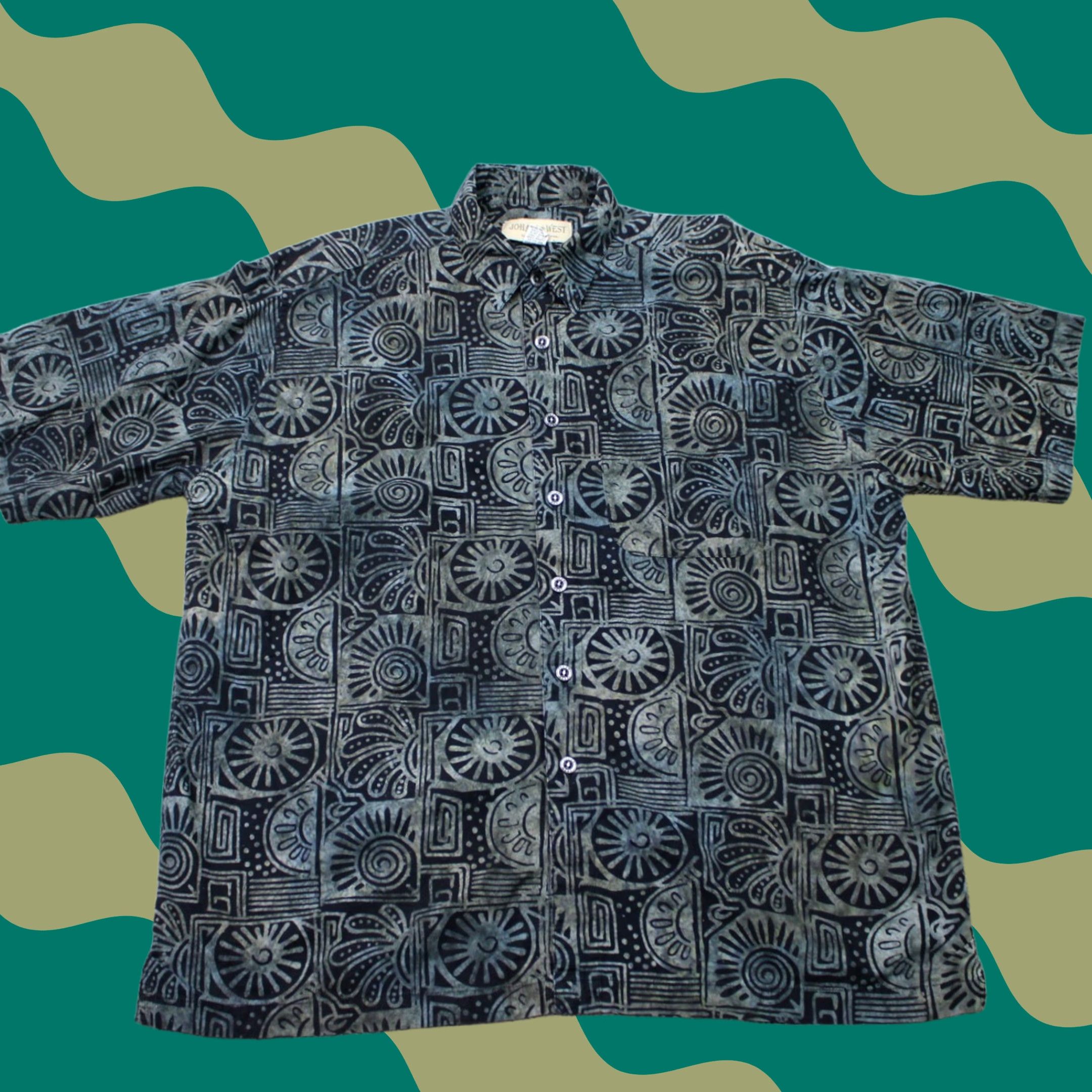 Vintage Johari West Hawaiian Shirt Mens XL Blue Batik Tribal Cotton Short Sleeve Button-Up Casual Geometric Pattern Size US XL / EU 56 / 4 - 1 Thumbnail
