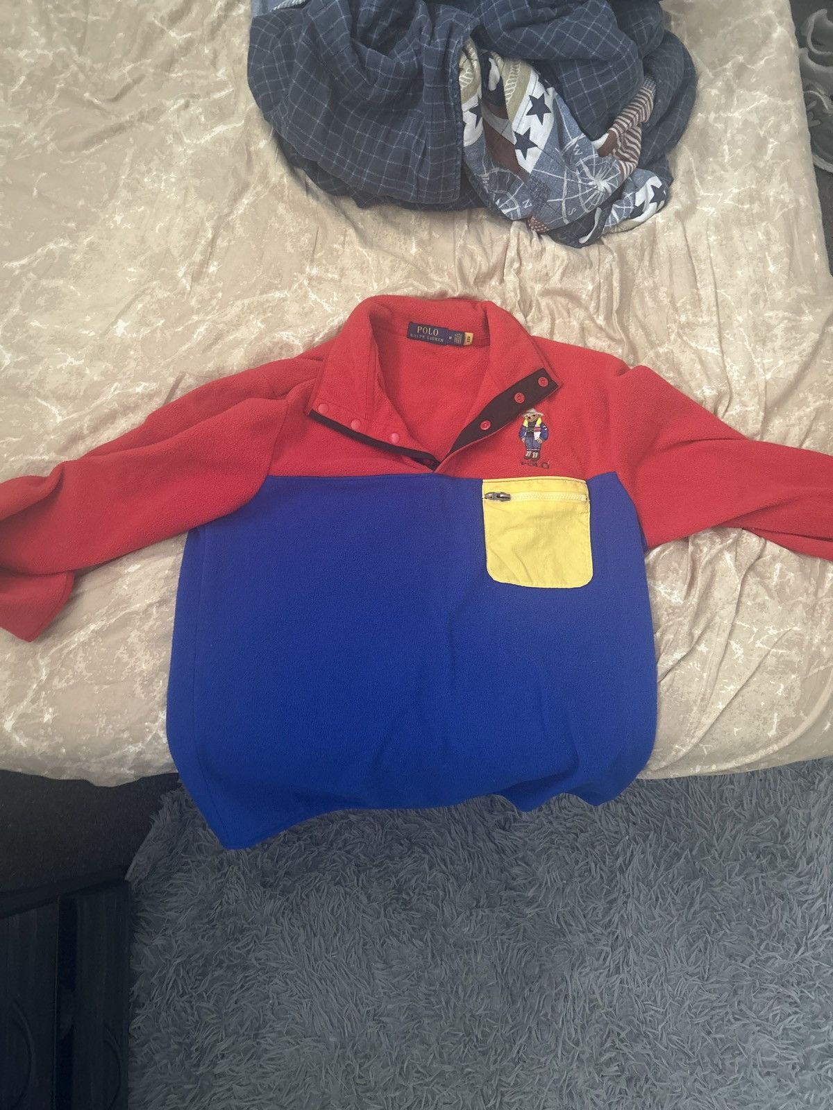 Polo Ralph Lauren Mens Bear Red Colorblock Fleece Jacket