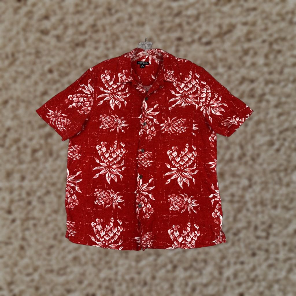George George Men's Hawaiian Shirt Adult Medium Red Floral Button-Up 100% Rayon Size US M / EU 48-50 / 2 - 1 Thumbnail
