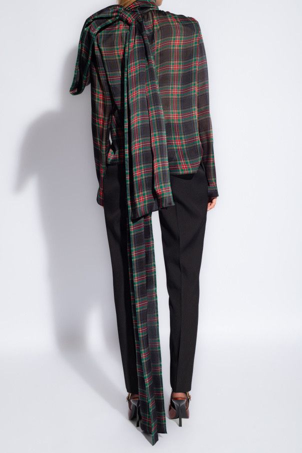 Saint Laurent Paris o1s1wg111124 Lavallière-Neck Blouse Plaid Silk Charmeuse Size S / US 4 / IT 40 - 4 Thumbnail
