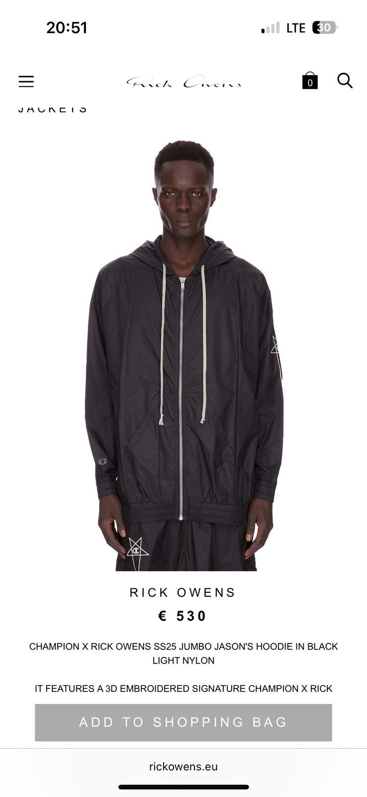Champion × Rick Owens SS25 JUMBO JASON'S HOODIE IN BLACK LIGHT NYLON Size US M / EU 48-50 / 2 - 8 Thumbnail