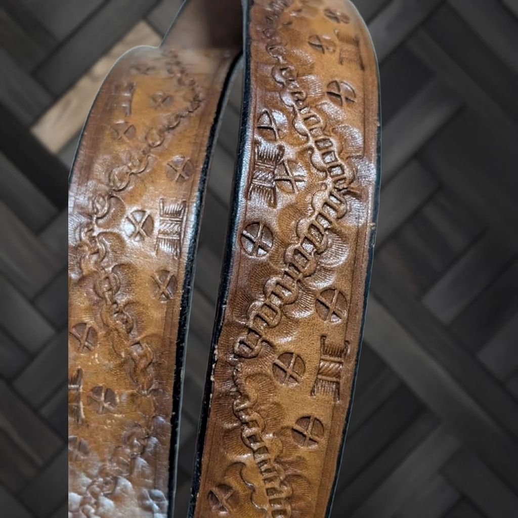 Vintage VINTAGE handcrafted Hand Tooled belt 1-3/8" Western Belt brown Men 42 Full Grain Cowhide Leather belt buckle strap Cowboys Rodeo 1940s Mens Size 42 - 1 Thumbnail