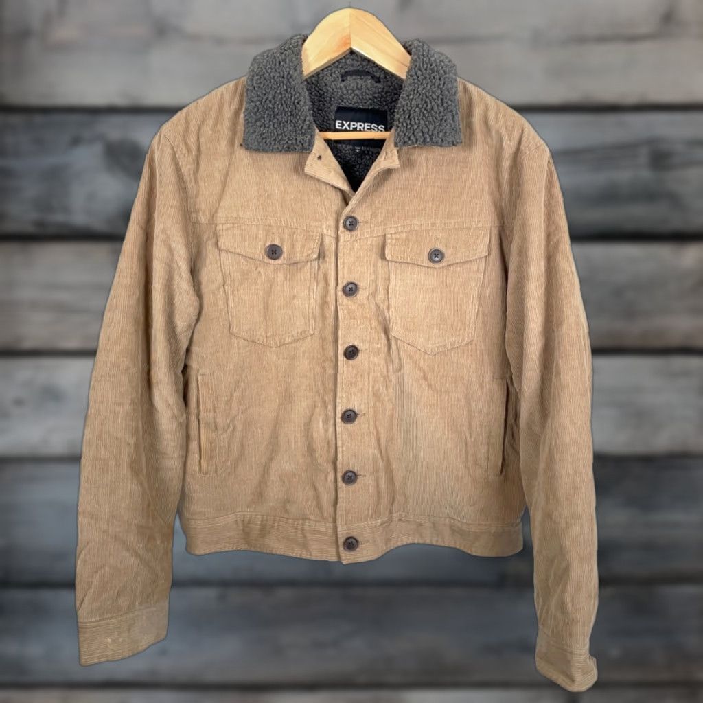 Express Express Jacket Adult Large Brown Sherpa Lined Corduroy Trucker Button Front Size US L / EU 52-54 / 3 - 1 Thumbnail