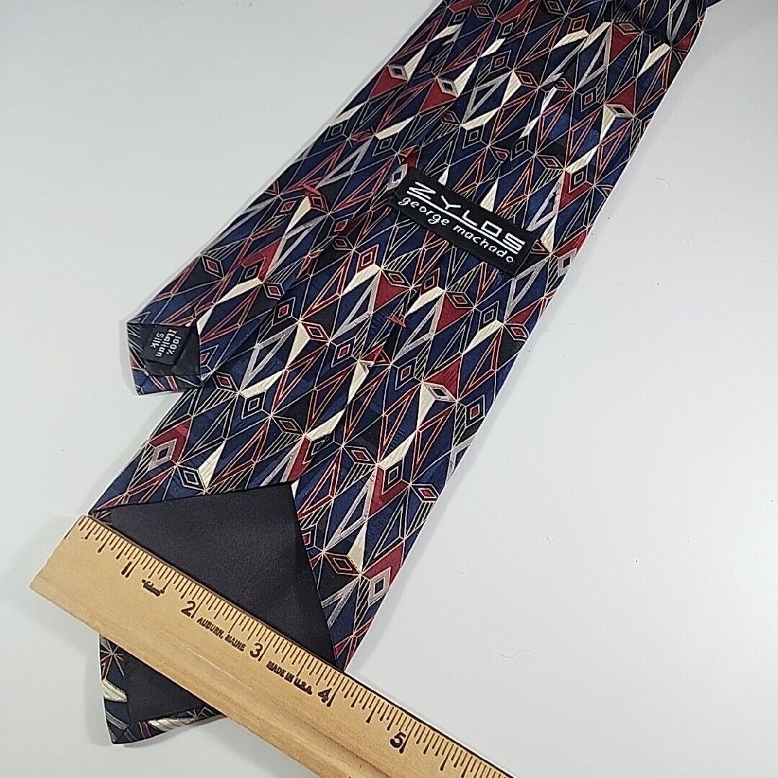 Vintage Zylos Silk Necktie, Red-Blue-Wht-Gold Geometric - Like New Size ONE SIZE - 2 Thumbnail