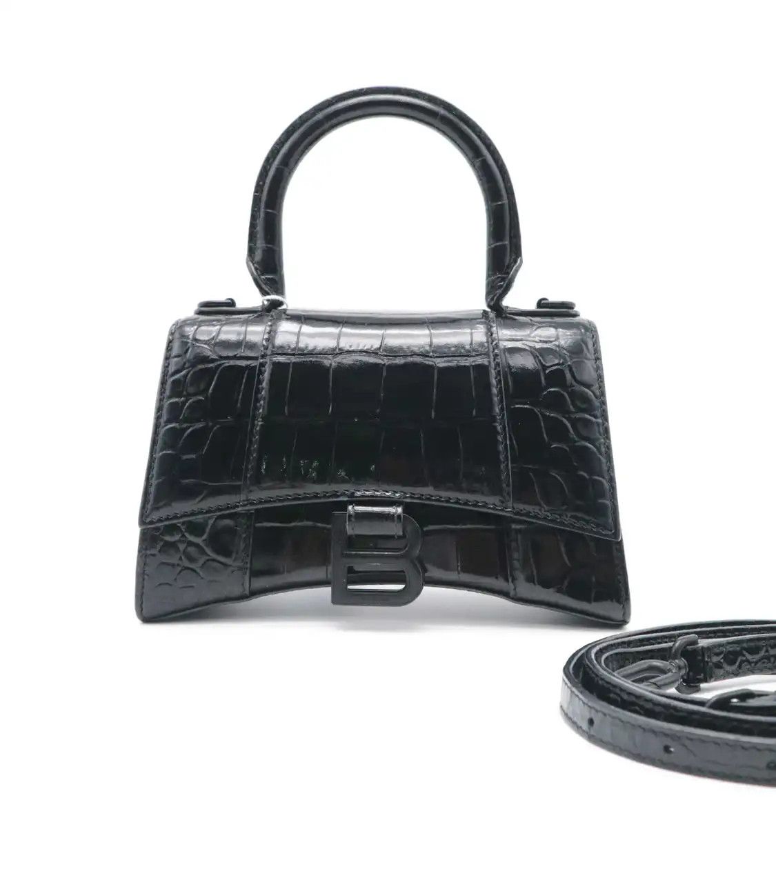 Balenciaga Hourglass Ultra Small Black Cowhide Leather Crocodile Hourglass Cross, Women's