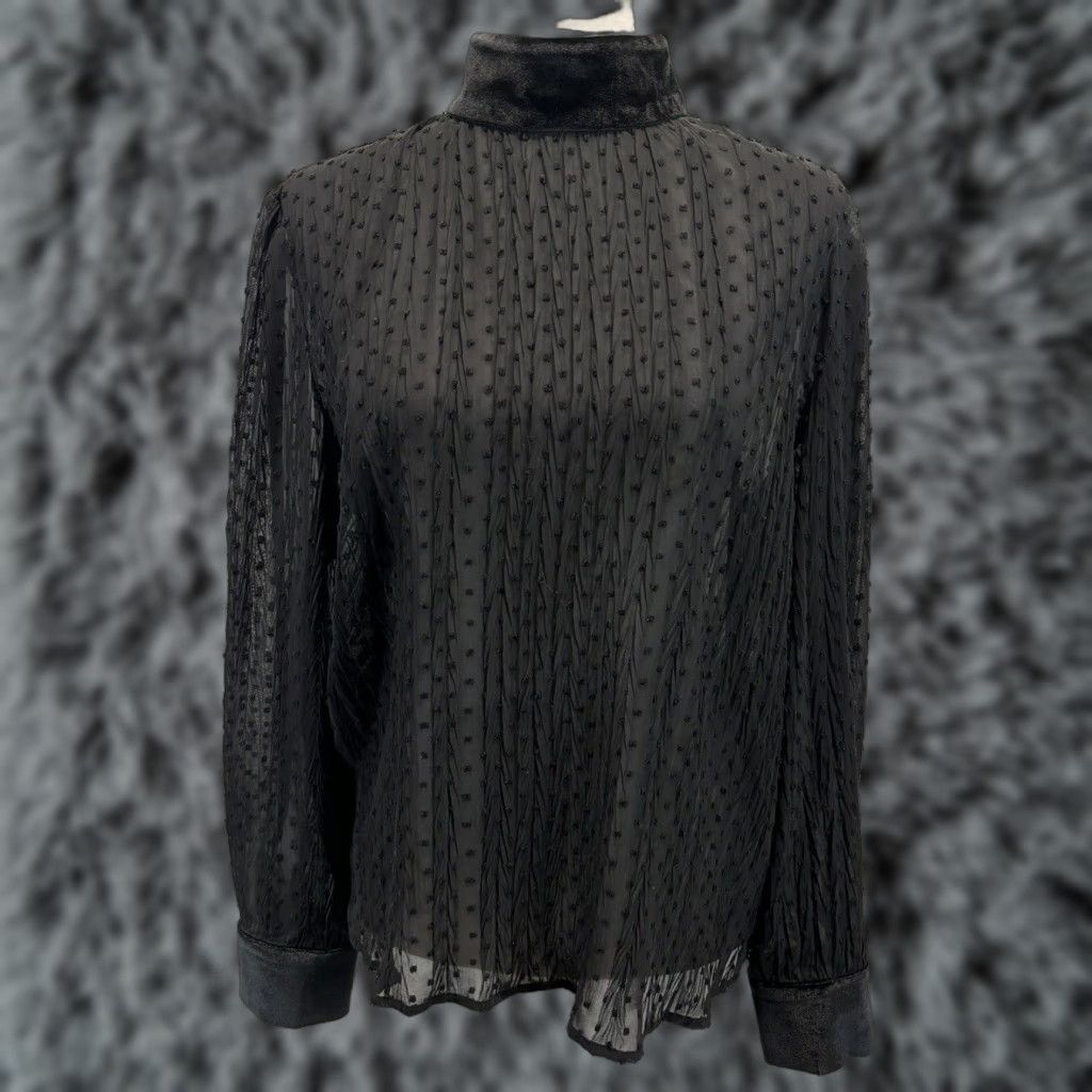 Velvet VINTAGE Mare Mare Blouse Shirt Women L Black Velvet Collar Cuffs Sheer Goth Size L / US 10 / IT 46 - 1 Thumbnail
