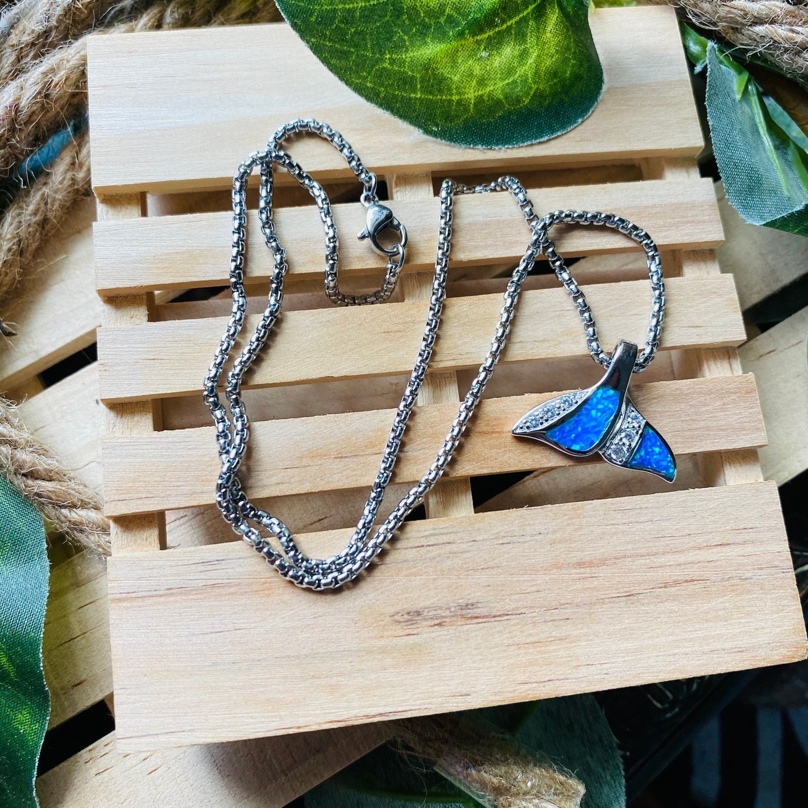 The Unbranded Brand Sterling Silver Blue Opal CZ Whale Tail Necklace Size ONE SIZE - 1 Thumbnail