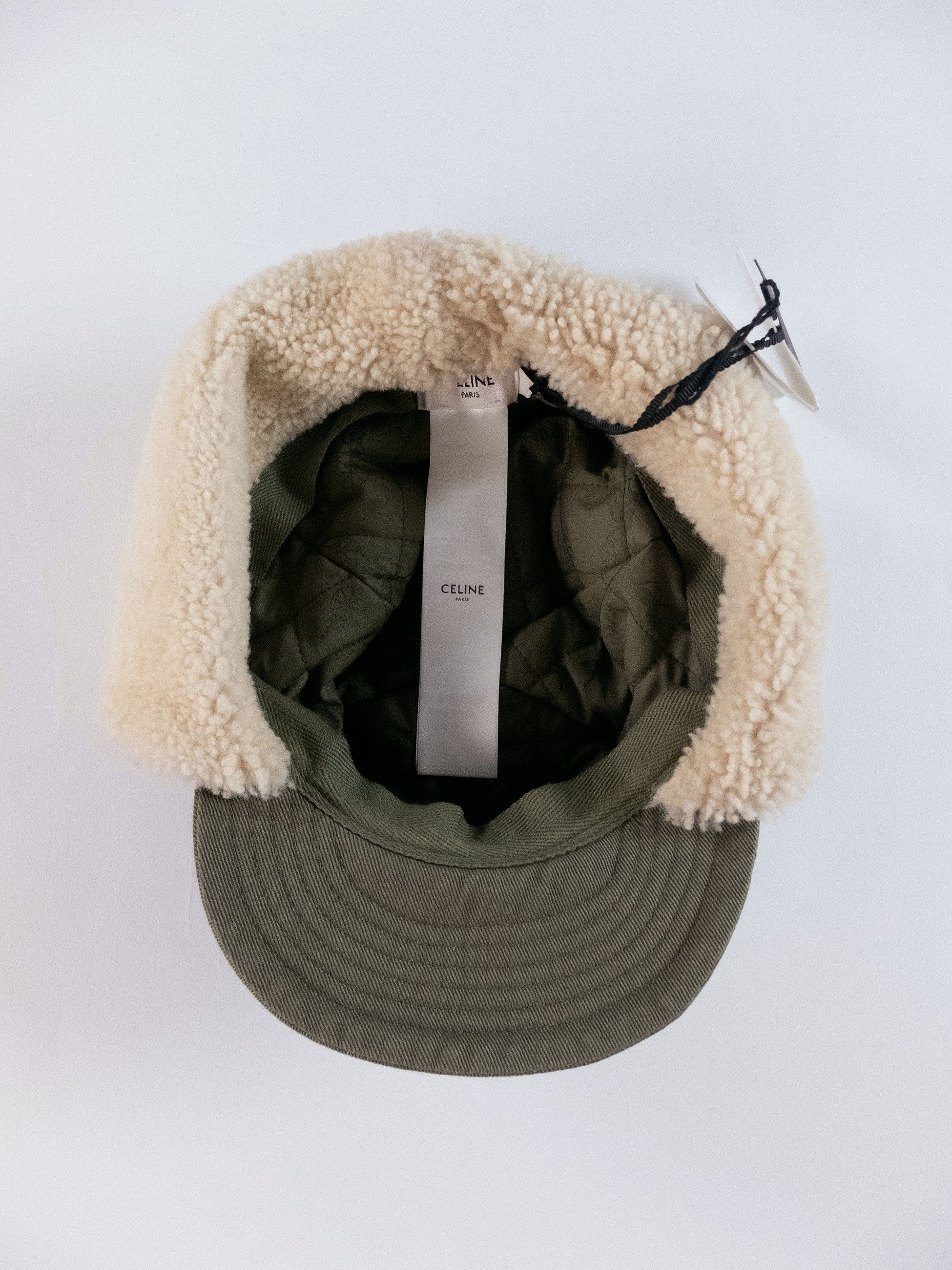 Celine CELINE Triomphe Chapka Shearling & green cotton ear flap hat Size ONE SIZE - 10 Thumbnail