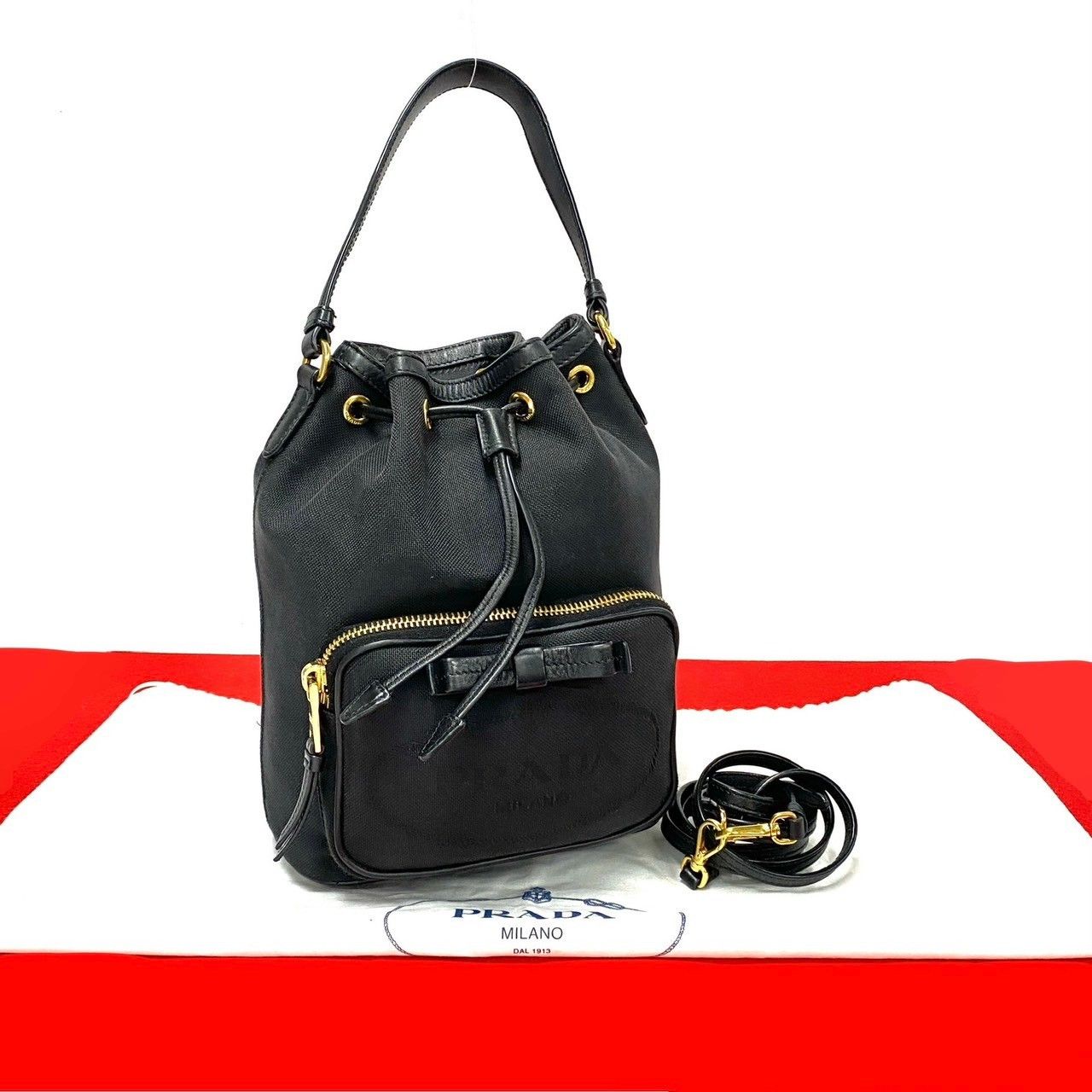 Prada Prada Duet Leather Canvas 2Way Bag Leather Shoulder Bag in Black, Women's