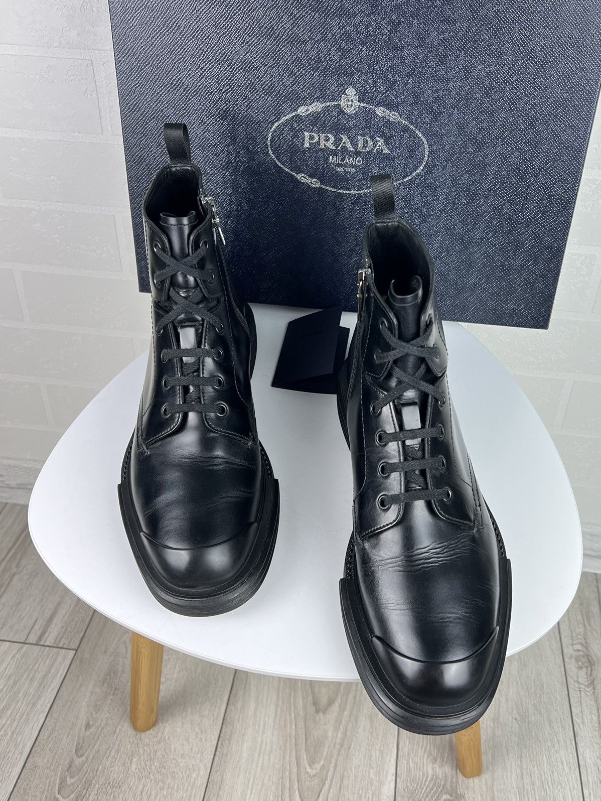 Prada Boots Leather Shoes Side Zip Rubber Sole Black MenS, Men's (Size 9)