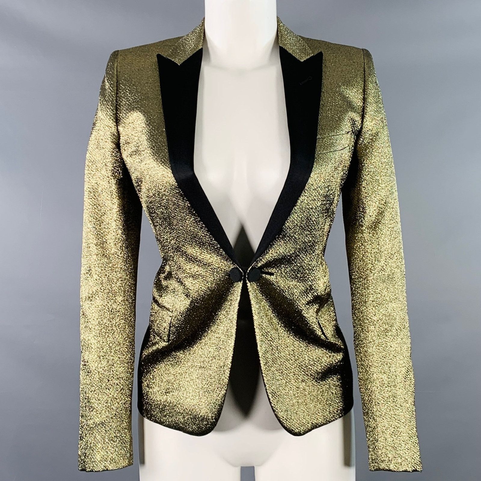 Saint Laurent Paris 4 Gold Black Polyester Blend Tuxedo Jacket Blazer Size S / US 4 / IT 40 - 1 Thumbnail