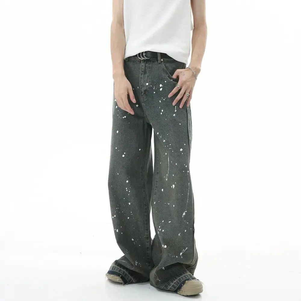 distressed faded paint flared jeans