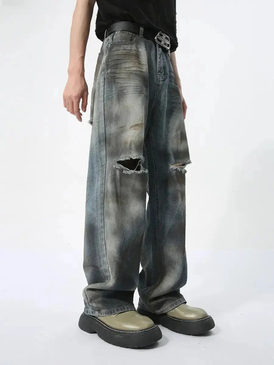 Japanese Brand Retro loose straight leg ripped jeans Size US 32 / EU 48 - 1 Thumbnail