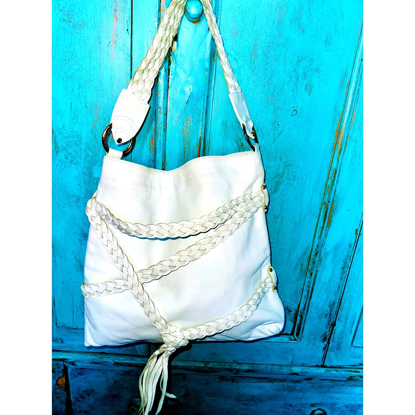 Other GOLDENBLEU HUGE BOHO WHITE LEATHER BAG BRAIDED TRIM & TASSEL Size ONE SIZE - 10 Thumbnail