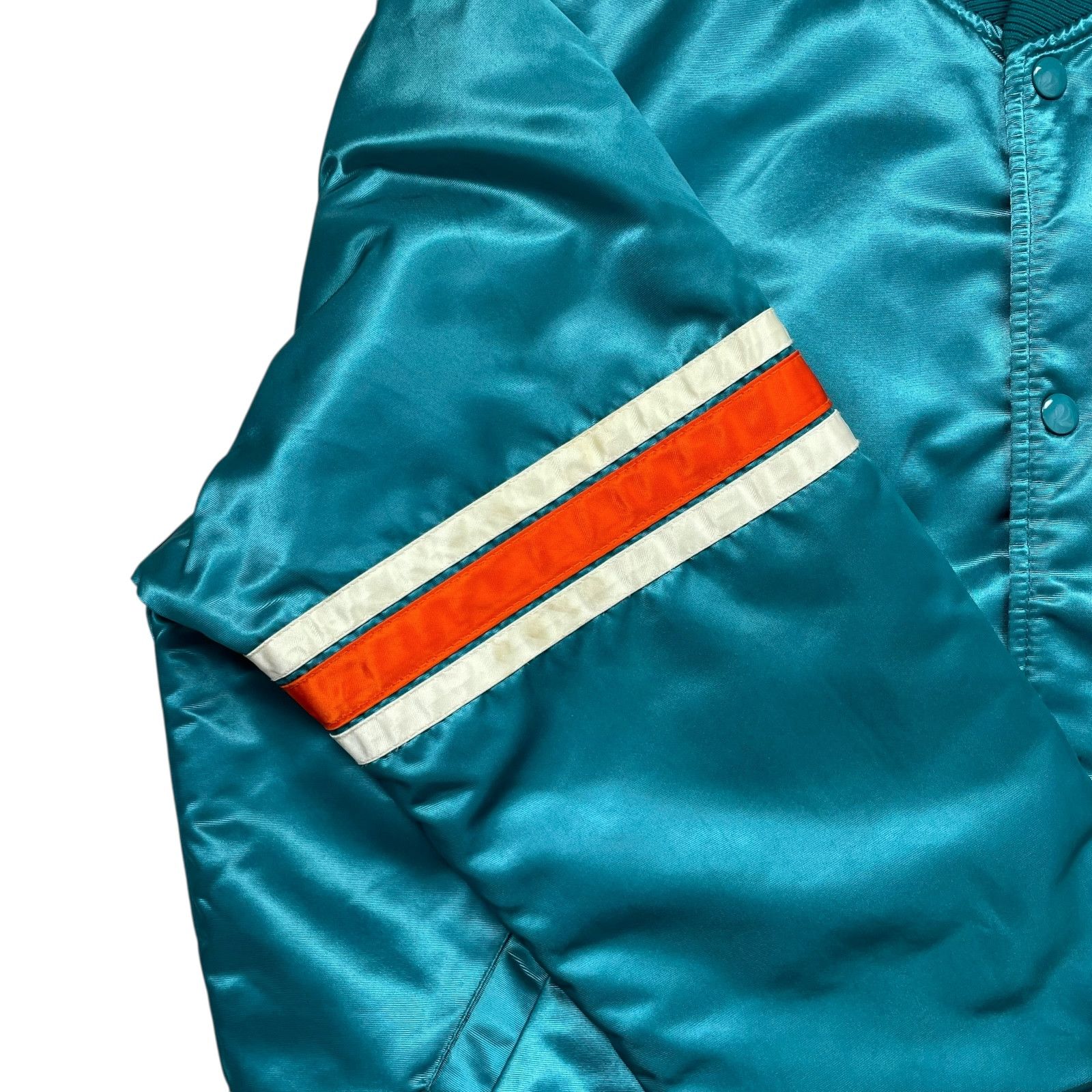 NFL VTG 90s MIAMI DOLPHINS STARTER SATIN JACKET SPELL OUT Sz L Size US L / EU 52-54 / 3 - 10 Thumbnail