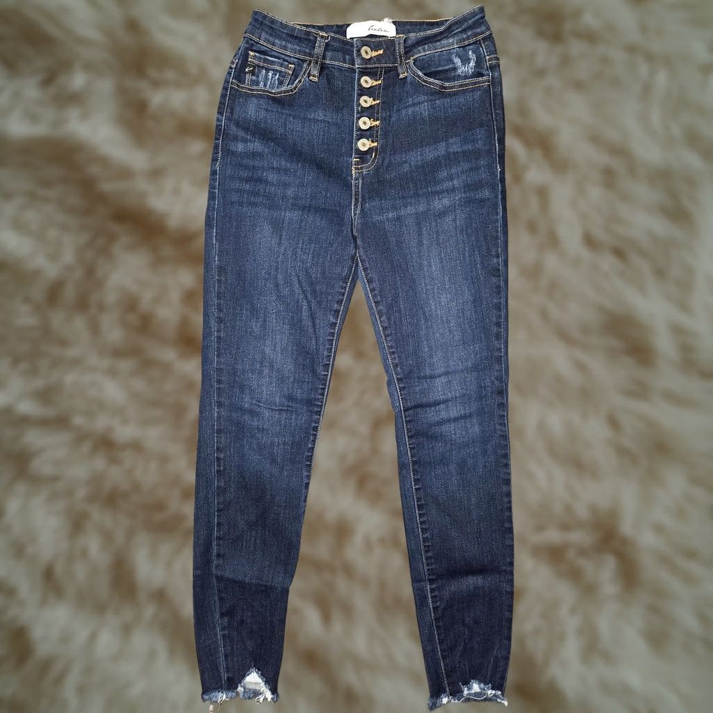 Vintage KanCan Jeans Womens 7/27 Blue High Rise Skinny Distressed Button Fly Raw Hem Size 28" / US 6 / IT 42 - 1 Thumbnail