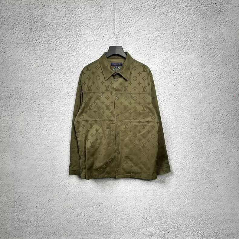 Louis Vuitton Louis Vuitton Khaki Green Full Flocked Patchwork Logo Shirt Size US XL / EU 56 / 4 - 1 Thumbnail