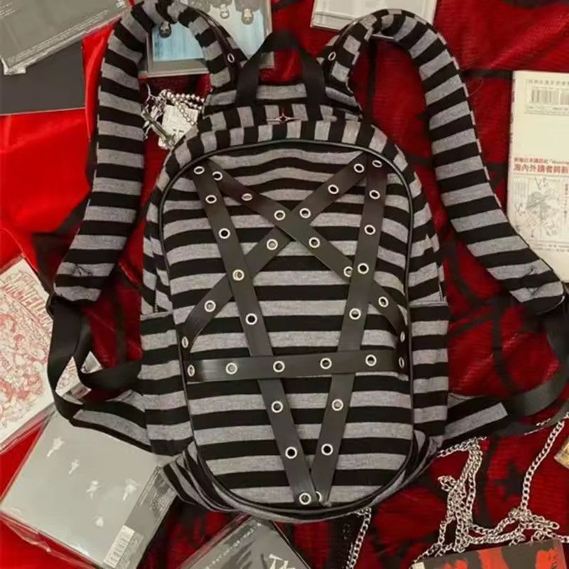 Other Gothic Punk Striped Zipper Capacity School College Backpack Size ONE SIZE - 2 Thumbnail