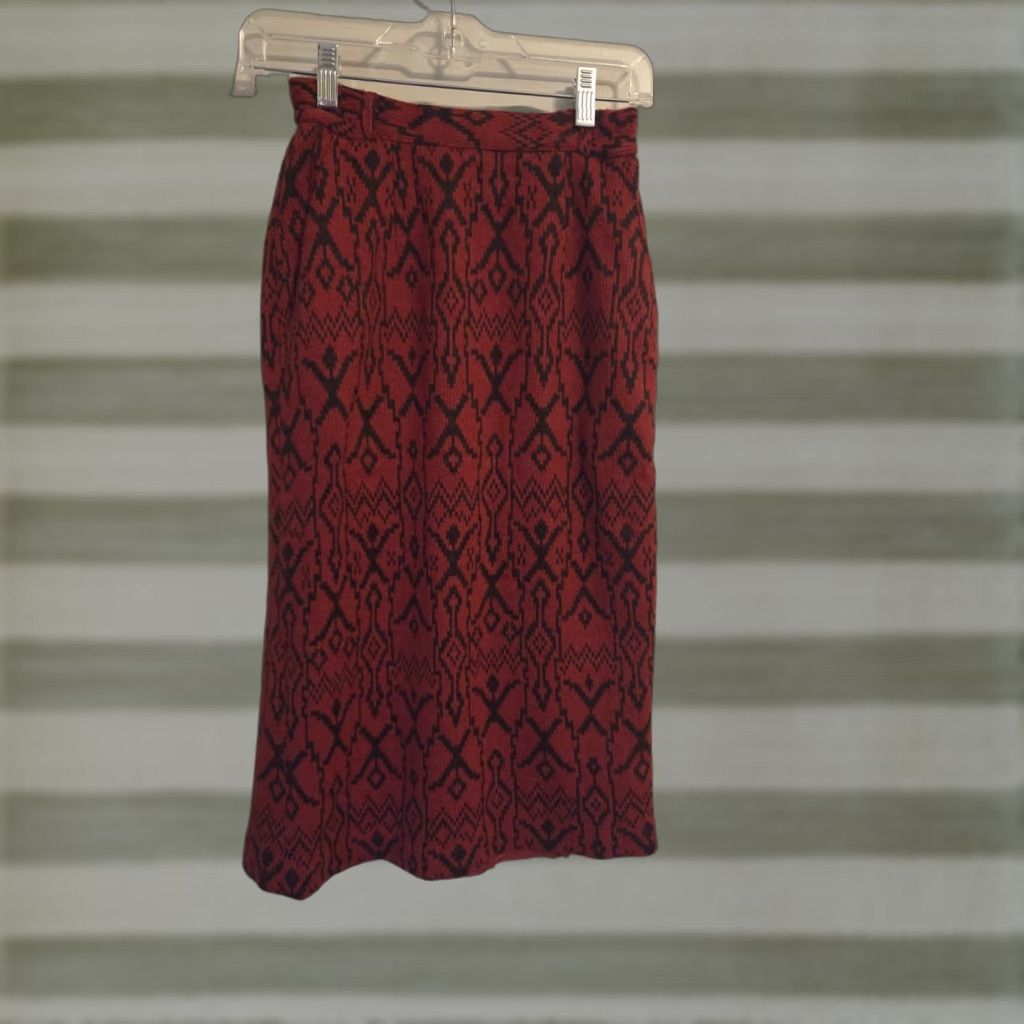 Etro VINTAGE Red Black Print Knit Pencil Skirt Womens 7 Retro Pinup Knee Length Skirt Mens? Size 28" / US 6 / IT 42 - 1 Thumbnail