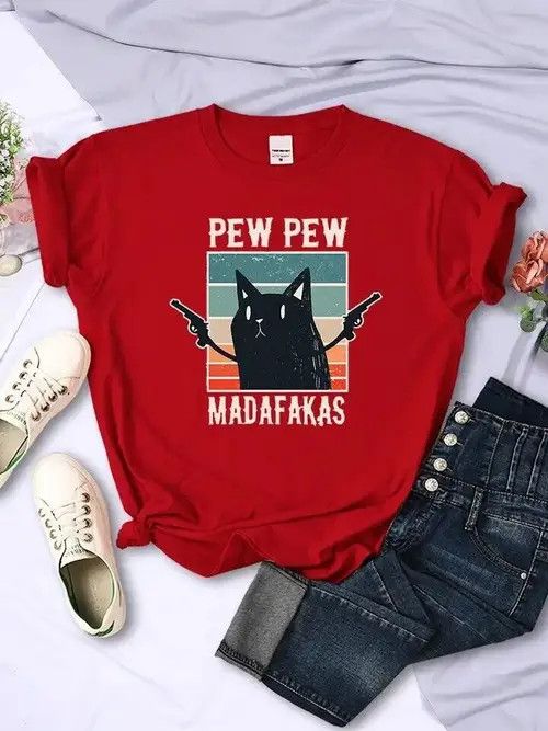 image of Vintage Pew Pew Madafaks Cute Funny Print Women T Shirts in Red (Size Large)