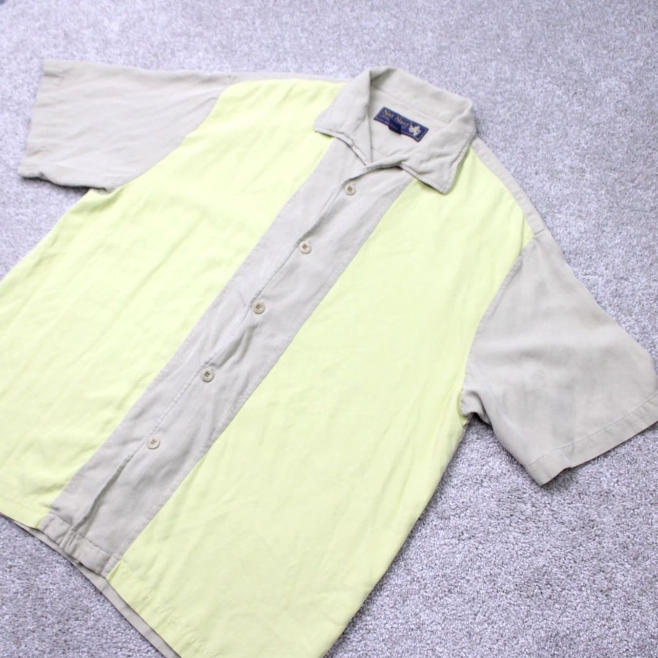 Nat Nast Nat Nast Luxury Originals Shirt Mens Large Yellow/Beige Colorblock 100% Silk Short Sleeve Button-Up Size US L / EU 52-54 / 3 - 2 Thumbnail