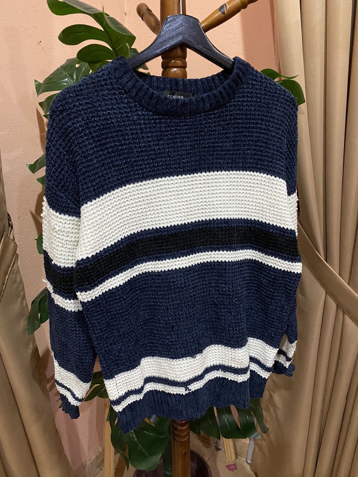 Japanese Brand Confirm Striped Knit Sweater | Cozy Navy and White Pullover Size L / US 10 / IT 46 - 3 Thumbnail