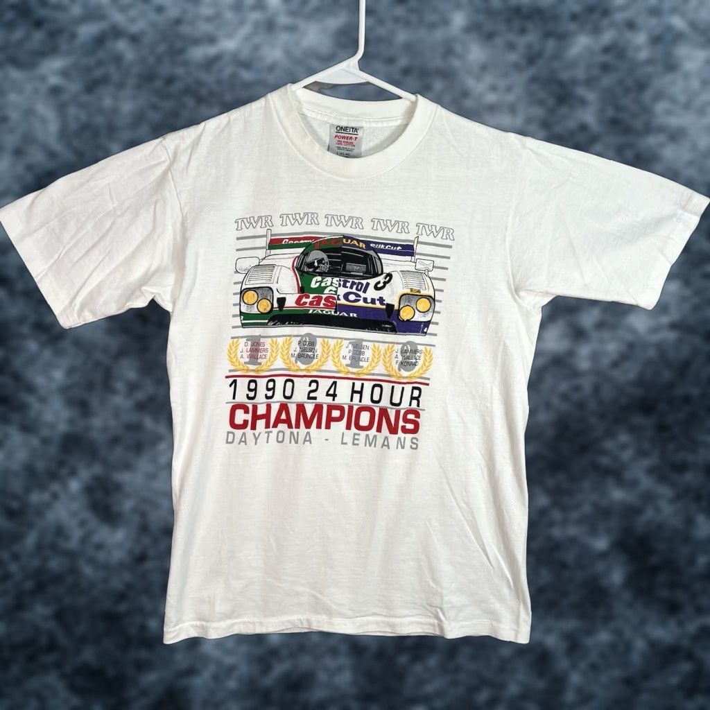 Vintage VINTAGE 1990s Jaguar XJR-12 Racing Car T Shirt Adult Mens Large White Nike Shirt Boy? Size US L / EU 52-54 / 3 - 1 Thumbnail