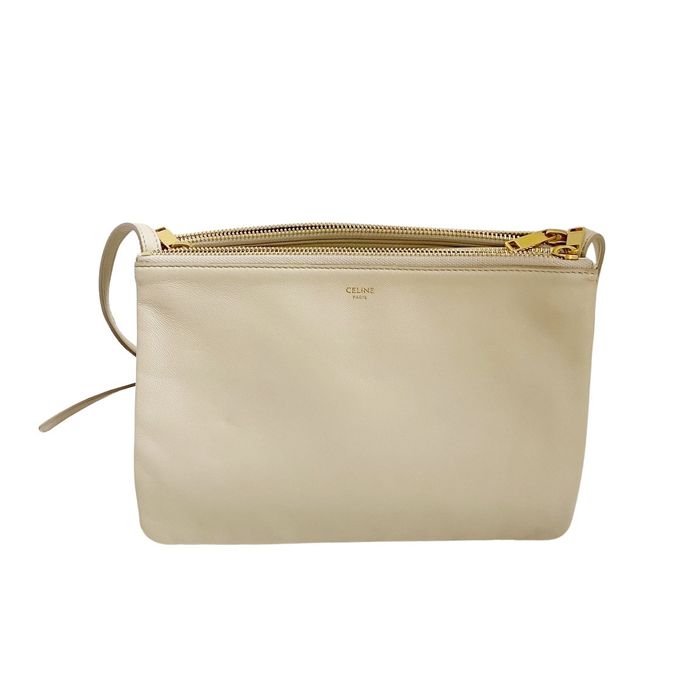 CELINE Trio Mini leather stitch Shoulder Bag Pouch Pochette Black Gold Metal