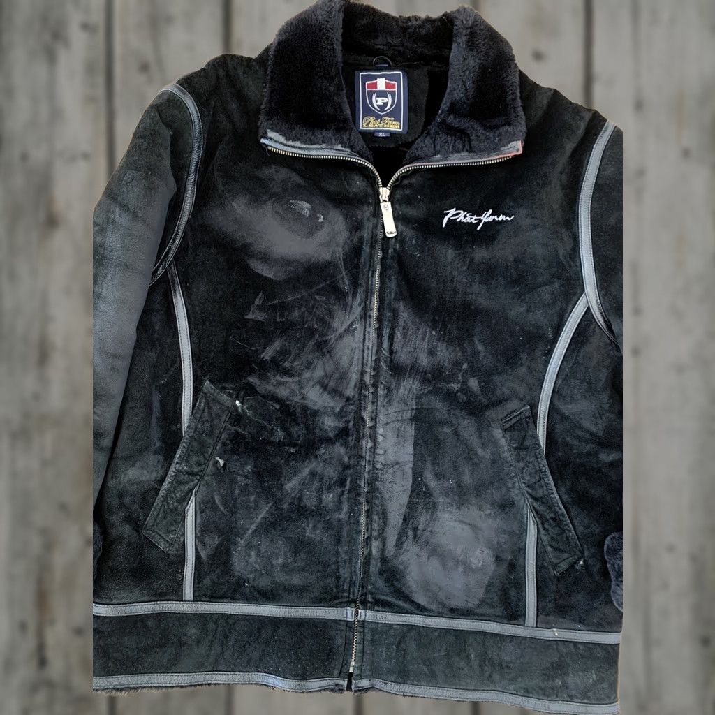 Phat Farm VINTAGE Phat Farm Leather Coat Bomber Jacket Men XL Black 90s Suede Leather Shearling Lined Heavy Coat zip Mid-Length Size US XL / EU 56 / 4 - 1 Thumbnail