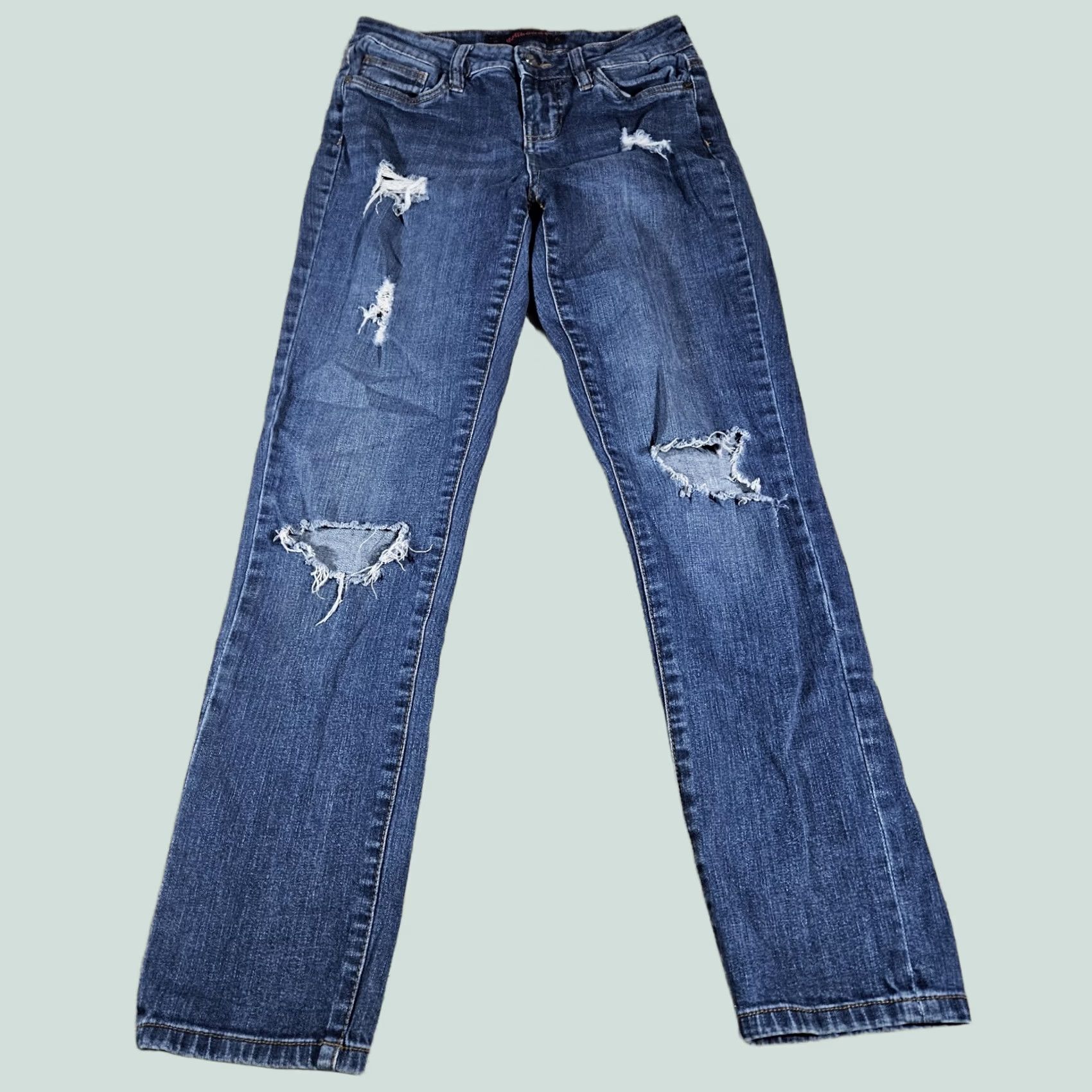 Vintage Dollhouse Women's Blue Straight Jeans Size 5 Distressed Destroyed Slim Stretch Mid Rise Size 27" / US 4 / IT 40 - 1 Thumbnail