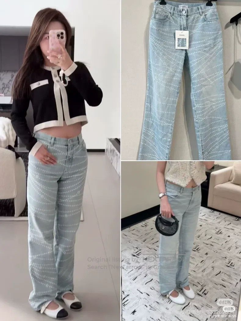 Chanel Chanel 25P pearl chain printed double pocket light blue je Size 25" / US 0 / IT 36 - 9 Thumbnail