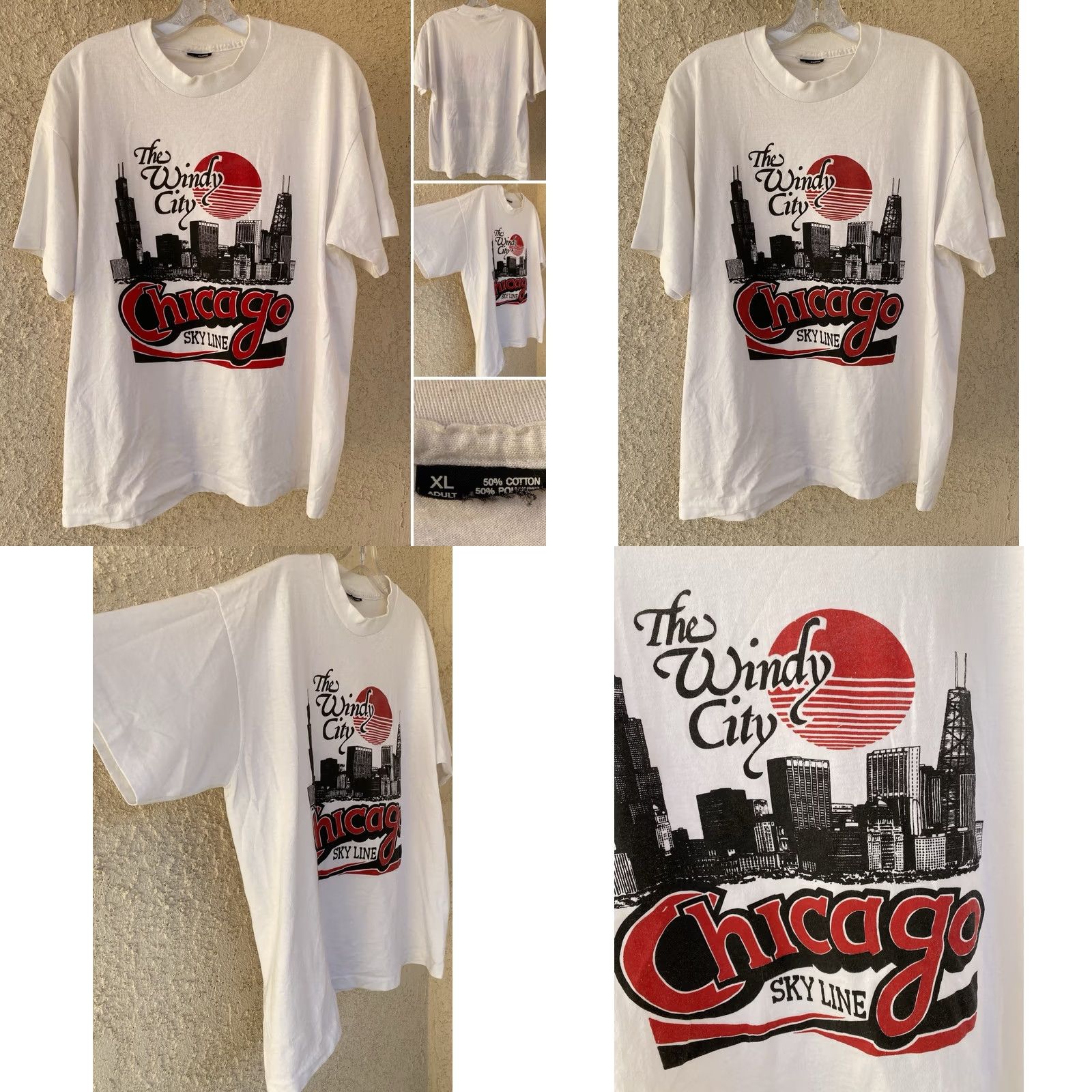 Vintage VINTAGE Chicago Windy City Skyline T-Shirt Made In USA 90s XL White Cotton Blend 50/50 Short Sleeve Crew Neck Men Mens 90s City Graphic Print Shirt Size US XL / EU 56 / 4 - 9 Thumbnail